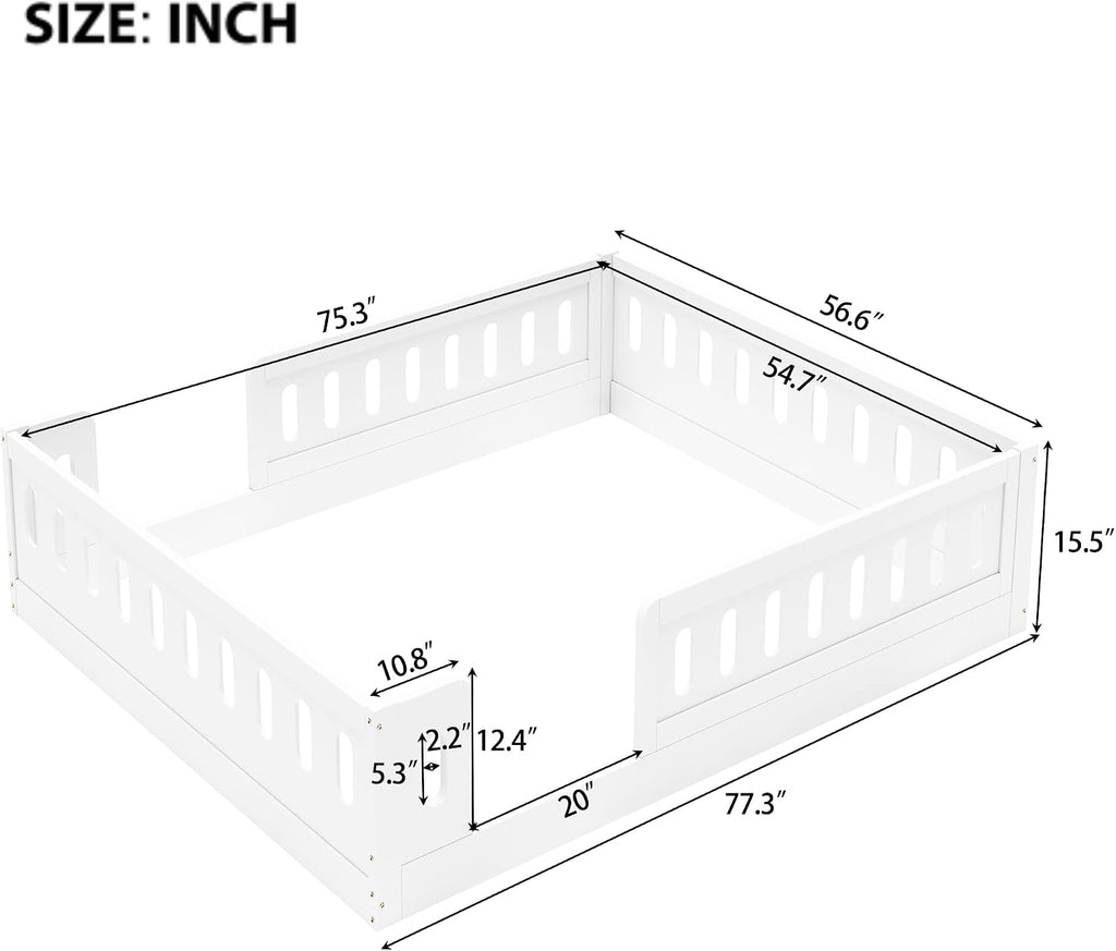 Platform Bed with Guardrails,Wood Floor Bed Frame for Bedroom,No Box Spring Needed (White, Full Size)