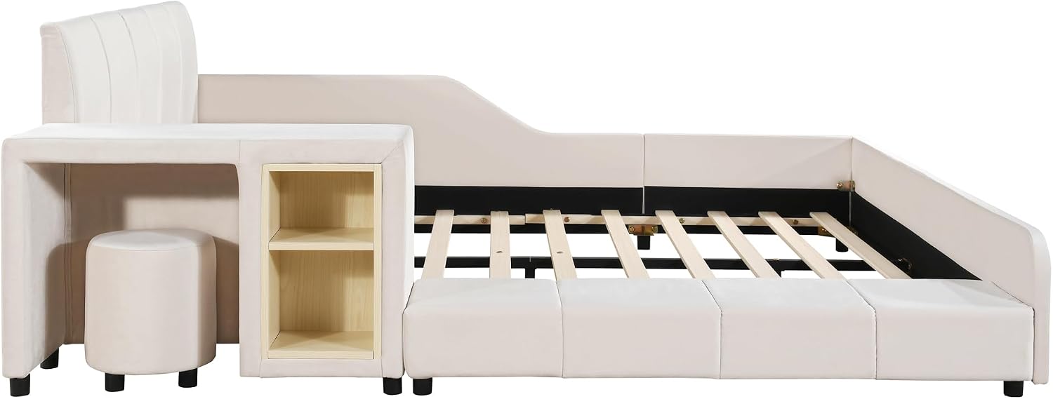 Merax Full Size Velvet Bed Frames Upholstered Grounded Bed, Wooden Mother & Child Bed with Bedside Desk and Little Round Stool,Kids Adults Bedroom Floor Platform Bed,Beige