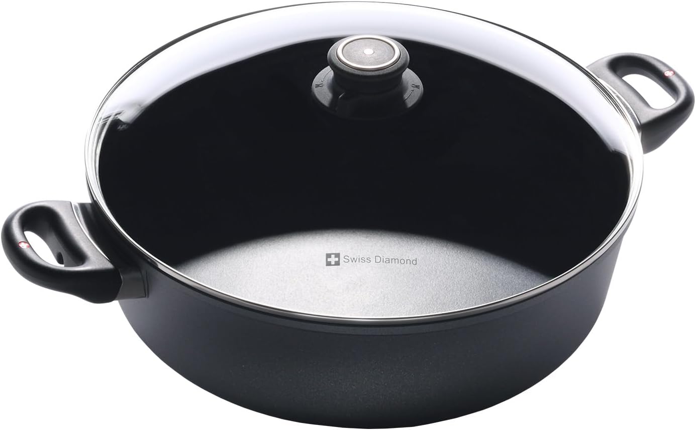 Swiss Diamond Braiser Pan with Lid, Features Double Handles, Nonstick Diamond Coated Braising Pan with Lid Oven Safe & Dishwasher Safe, 12.5', 7.2 Quart, Grey