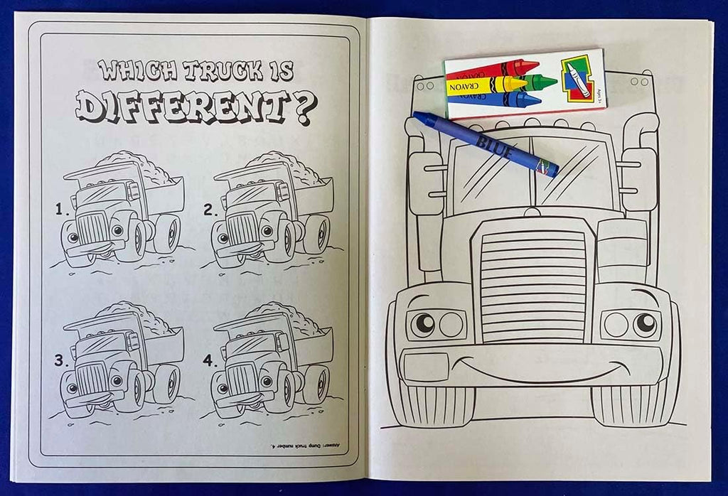 ZOCO – Tons of Trucks – Custom Coloring Books (250 Bulk Pack, With Crayons) – Construction & Trucking Company Promotional Handout for Kids