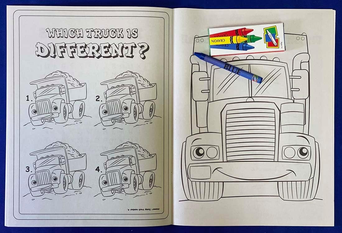 ZOCO – Tons of Trucks – Custom Coloring Books (250 Bulk Pack, With Crayons) – Construction & Trucking Company Promotional Handout for Kids