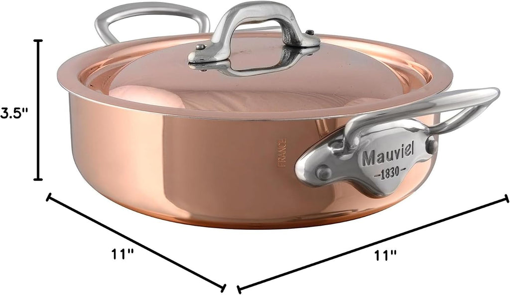 Mauviel M'Heritage 150 S 1.5mm Polished Copper & Stainless Steel Rondeau/Braiser Pan With Curved Lid and Cast Stainless Steel Handle, 6-qt, Made In France