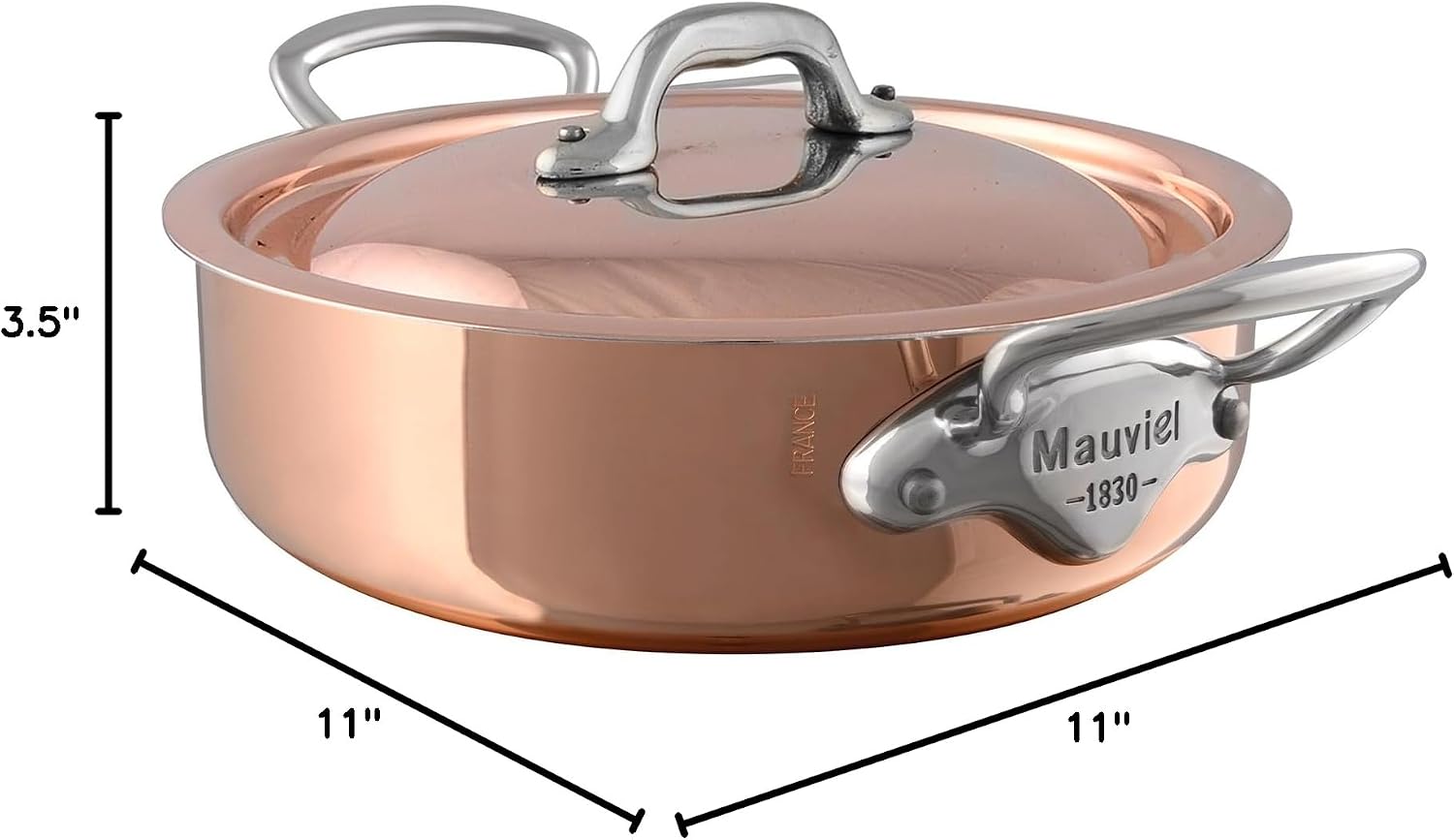 Mauviel M'Heritage 150 S 1.5mm Polished Copper & Stainless Steel Rondeau/Braiser Pan With Curved Lid and Cast Stainless Steel Handle, 6-qt, Made In France