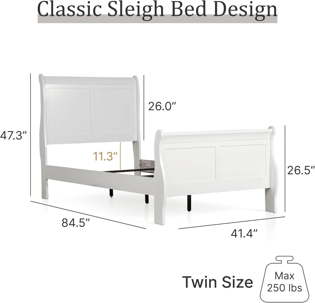 BOWERY HILL Transitional Solid Wood Twin Panel Bed, White Finish, 83.5' L x 41.38' W x 47.25' H, Sleigh Design, Curved Headboard and Footboard, Durable Kids Bedroom Furniture, Box Spring Required