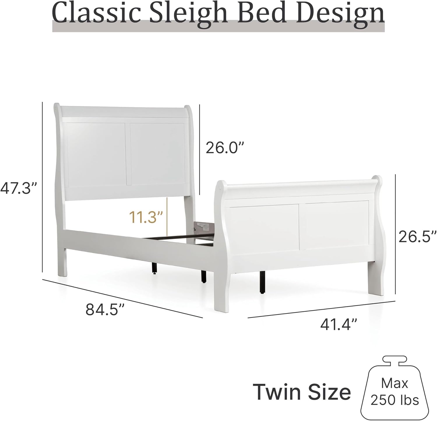 BOWERY HILL Transitional Solid Wood Twin Panel Bed, White Finish, 83.5' L x 41.38' W x 47.25' H, Sleigh Design, Curved Headboard and Footboard, Durable Kids Bedroom Furniture, Box Spring Required