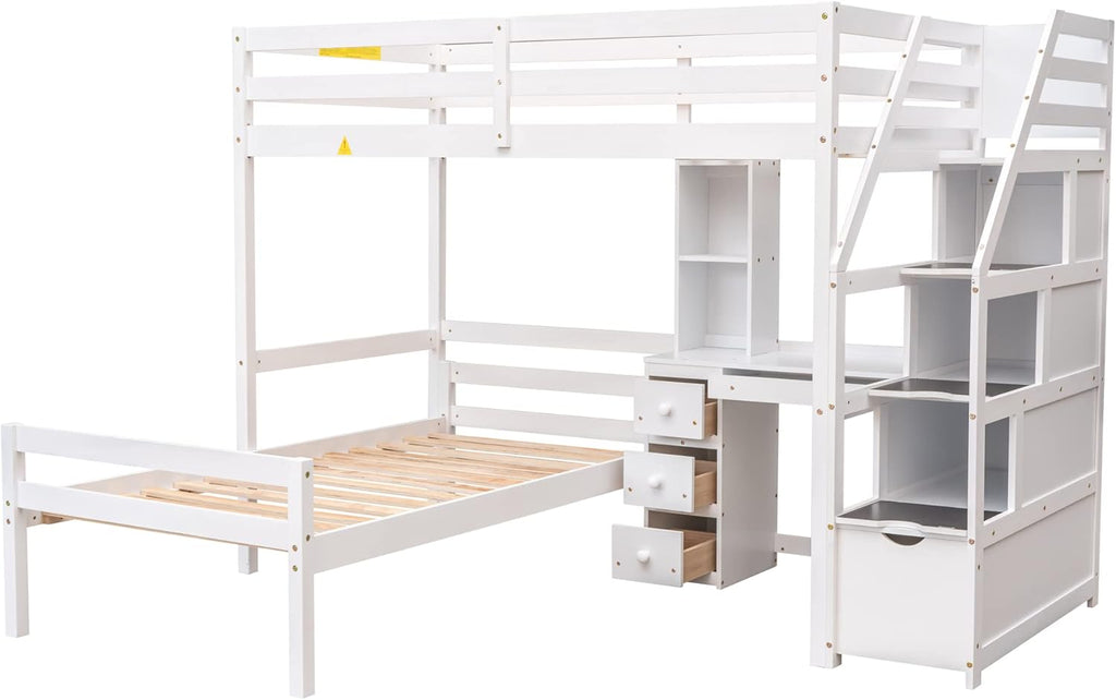 Harper & Bright Designs Twin Over Twin Bunk Bed with Desk, Heavy Duty Wood Loft Bedframe W/Shelves,Easy Assembly,Versatile Functional Bedroom Furniture Set for Boy Girl Teens,White
