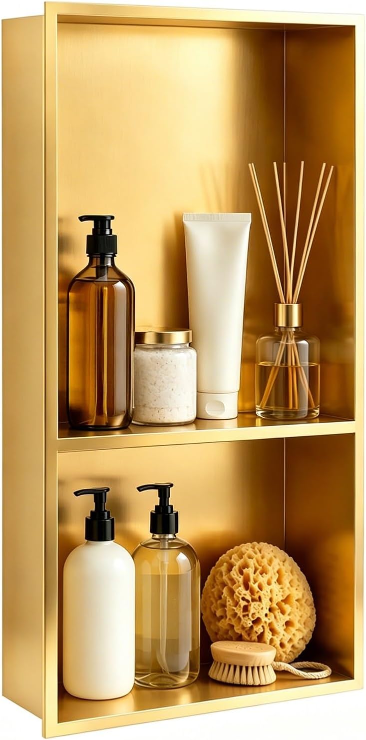 SaniteModar Shower Niche, Stainless Steel Shower Niche No Tile Needed, Recessed for Bathroom Storage (Brushed Gold, 12' x 24' D)