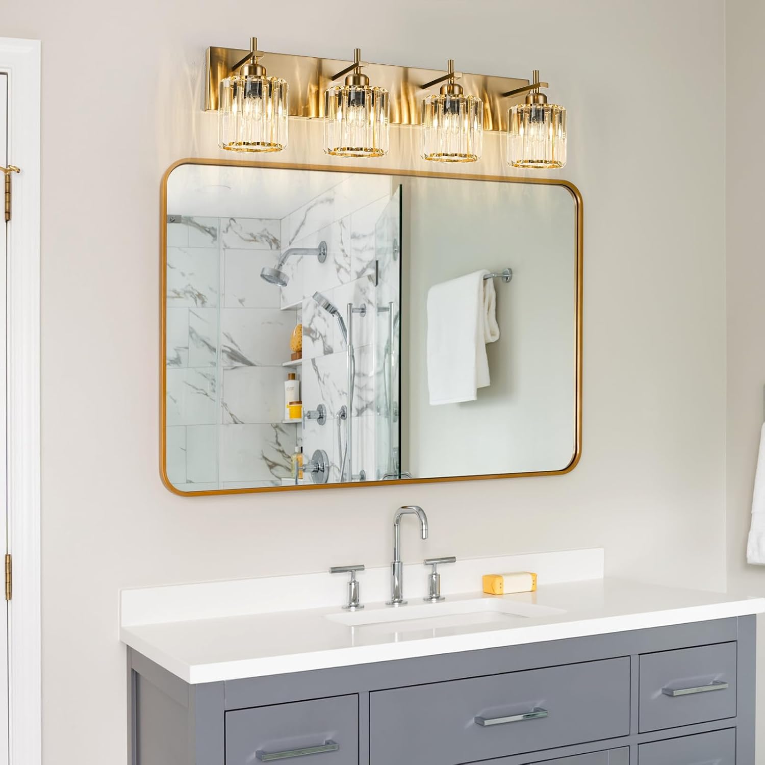 Modern Crystal Bathroom Vanity Lights, Gold 4-Lights Bathroom Light Fixtures Over Mirror, Crystal Wall Lighting with Polished Gold Finish