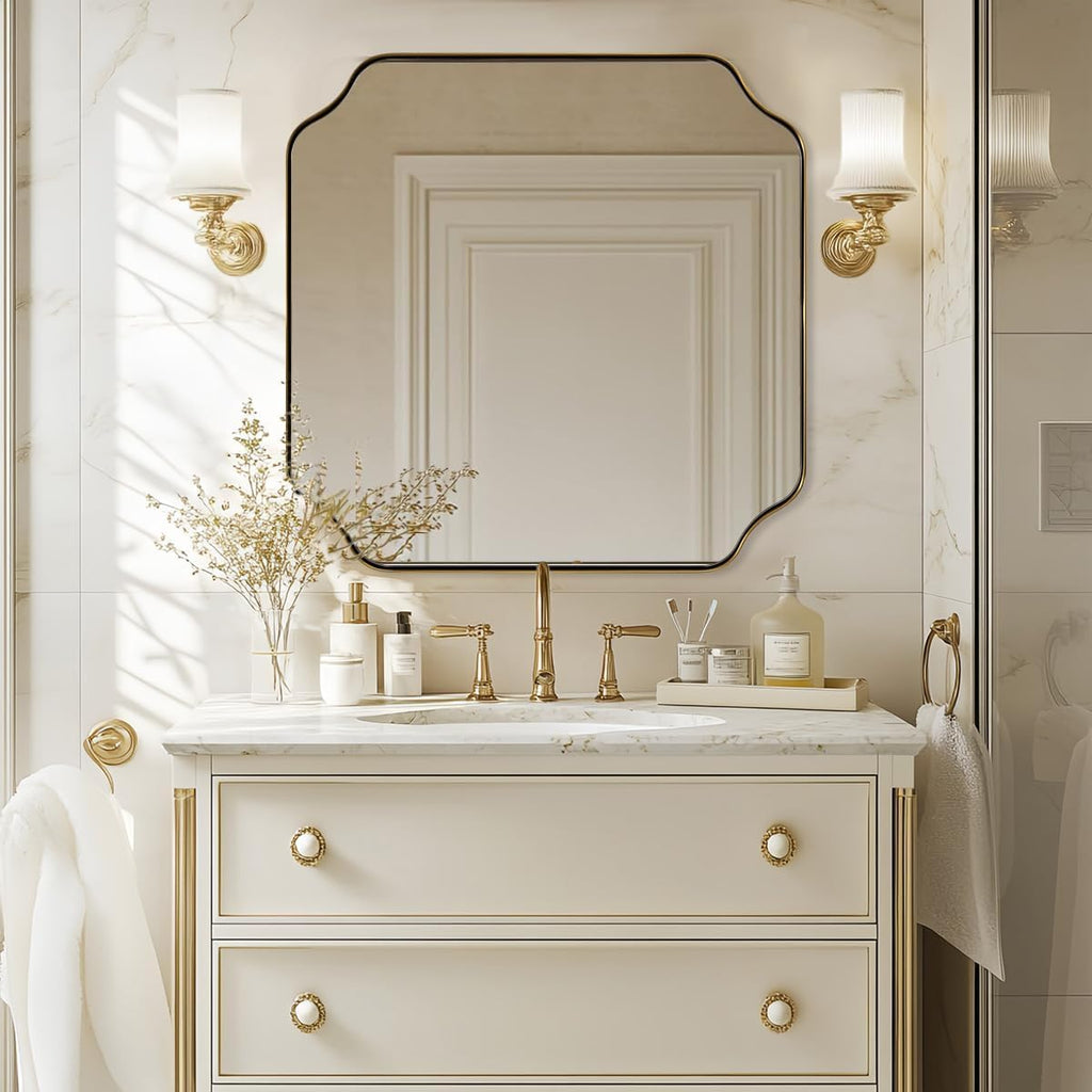ANDY STAR 30'x30' Square Bathroom Mirror, Brushed Gold Scalloped Mirror for Wall, Antique Brass Mirror with Designer-Crafted Rounded Notched Corners, Ideal for Home Remodel
