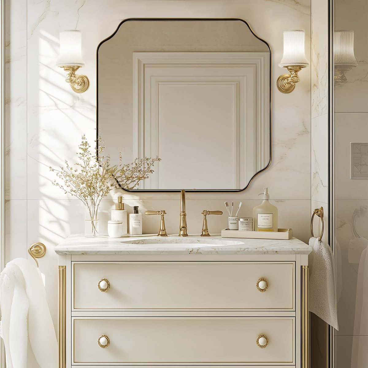 ANDY STAR 30'x30' Square Bathroom Mirror, Brushed Gold Scalloped Mirror for Wall, Antique Brass Mirror with Designer-Crafted Rounded Notched Corners, Ideal for Home Remodel