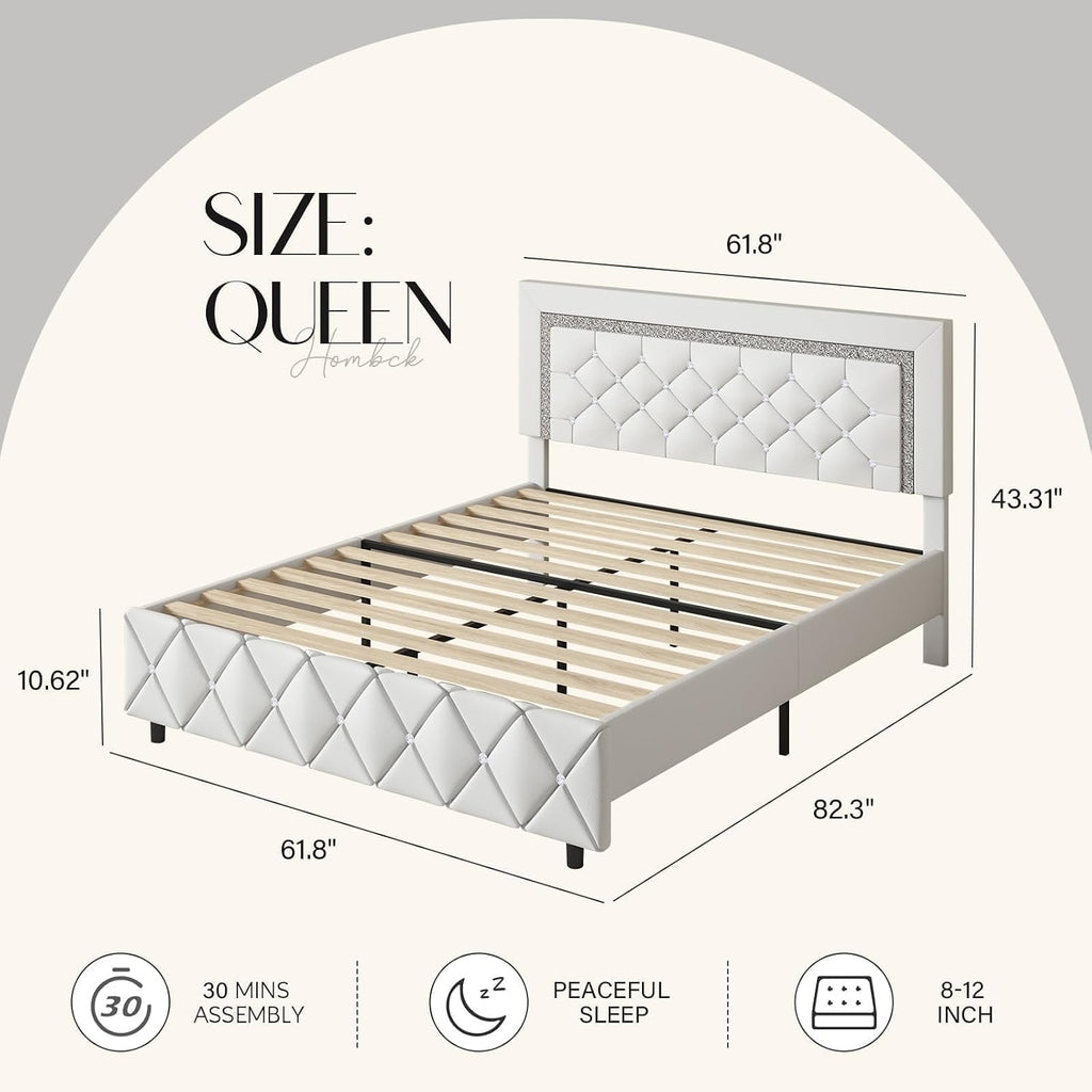HOMBCK Queen Platform Bed Frame with Upholstered Diamond Headboard, Mattress Foundation with Strong Wooden Slats Support, No Box Spring Needed, Easy Assembly, Pearlized White