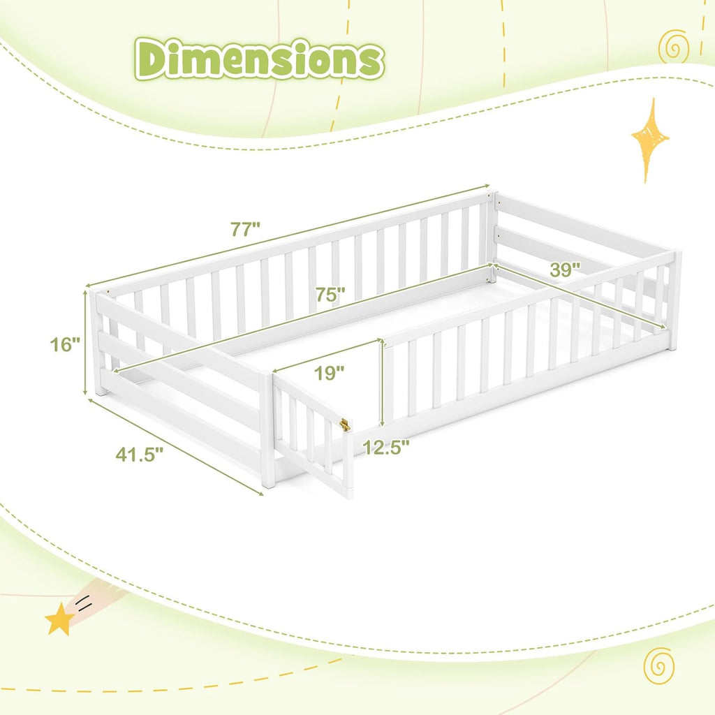 KOMFOTT Twin Size Wood Floor Bed with Door & Fence, Montessori Bed Frame with Full Length Safety Guardrails, Door & Latch, Wooden Montessori Floor Bed for Kids, Girls, Boys (White, Twin)