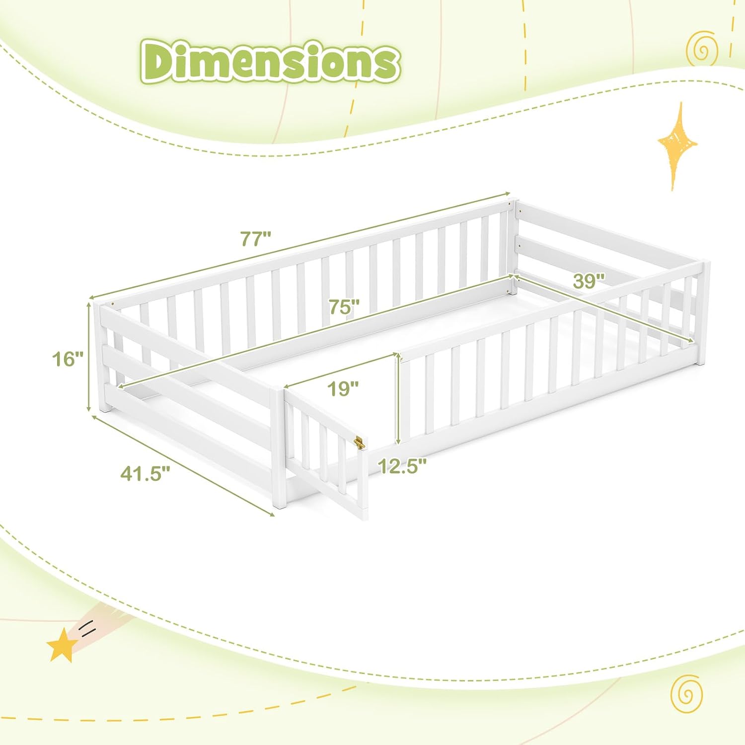 KOMFOTT Twin Size Wood Floor Bed with Door & Fence, Montessori Bed Frame with Full Length Safety Guardrails, Door & Latch, Wooden Montessori Floor Bed for Kids, Girls, Boys (White, Twin)