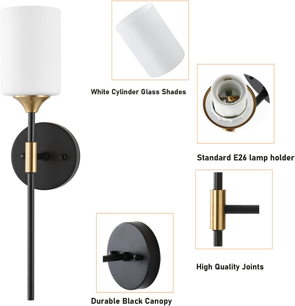 BYOLIIMA Industrial Mid Century Wall Sconce Set of 2 with White Cylinder Glass Shades Modern Bathroom Vanity Wall Lamp Black and Gold Finished Wall Light Fixture