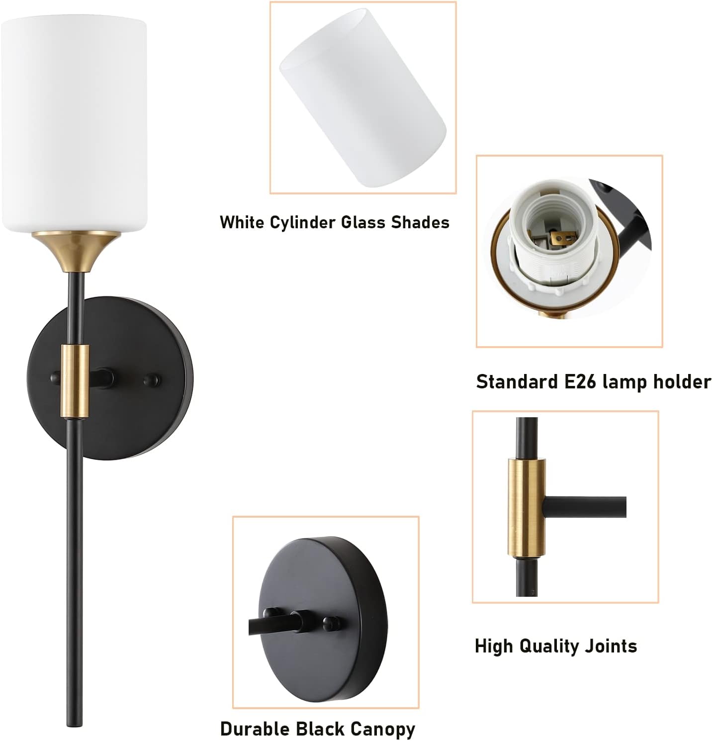 BYOLIIMA Industrial Mid Century Wall Sconce Set of 2 with White Cylinder Glass Shades Modern Bathroom Vanity Wall Lamp Black and Gold Finished Wall Light Fixture