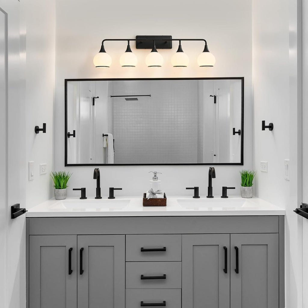 Black Bathroom Light Fixtures 5-Lights Vanity Lights with Milky White Frosted Glass Shade Bathroom Vanity Light 39.2 inch Wall Sconce Lighting Bath(Exclude E26 Bulb)
