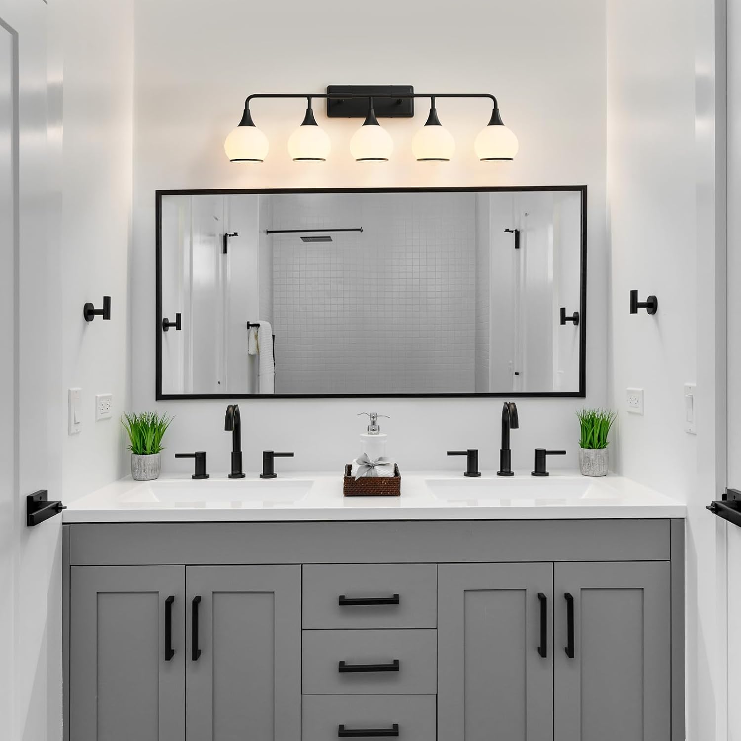 Black Bathroom Light Fixtures 5-Lights Vanity Lights with Milky White Frosted Glass Shade Bathroom Vanity Light 39.2 inch Wall Sconce Lighting Bath(Exclude E26 Bulb)