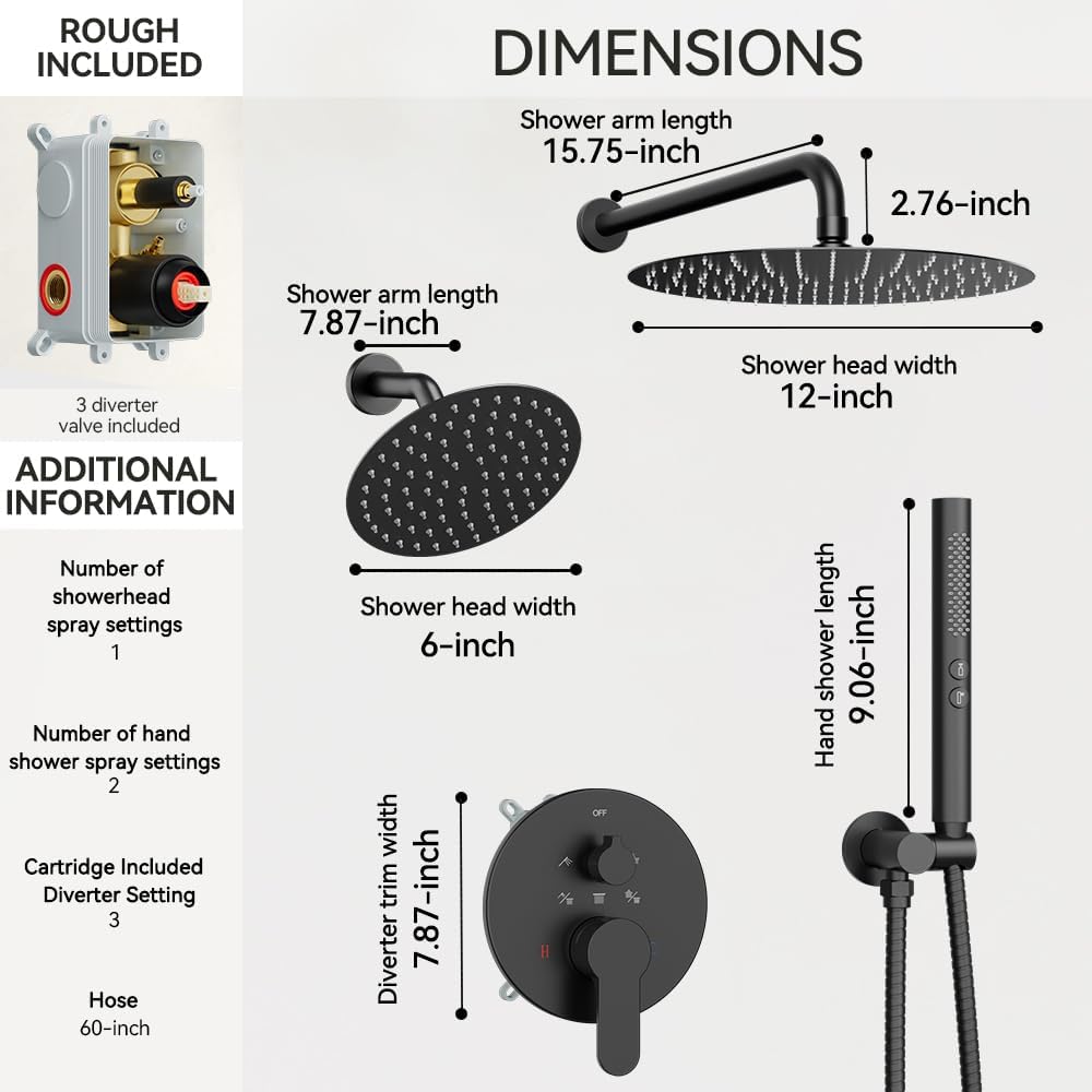 Shower Systems STARBATH 12+6' Round Dual Rainfall Shower Head with Handheld Spray for Two People, Wall Mounted 3 Way Rain Shower Faucet Sets Complete, Included Valve and Trim Kit, Matte Black