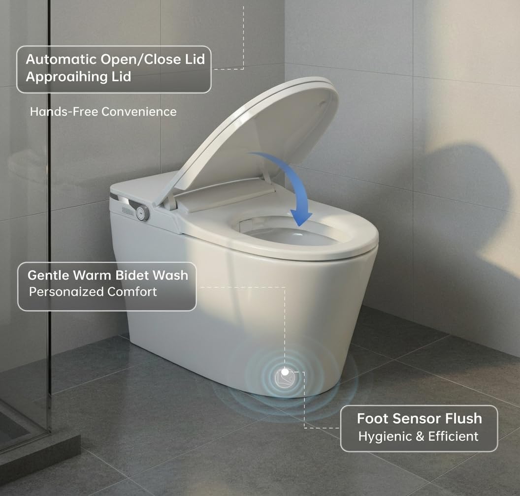 GarveeTech Smart Toilet with Bidet Built in, Heated Seat & Dual Auto Flush, Foot Sensor, Modern Extended Electric Toilet with Water Tank, Warm Water Wash, Air Drying, LED Night Light, Remote