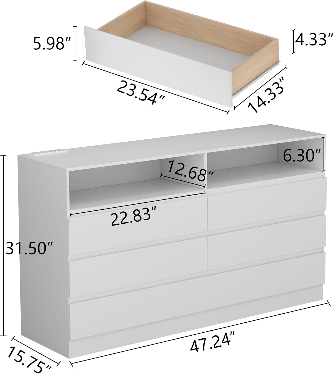 Gyfimoie 6 Drawer Double Dresser with Power Outlet, Accent Chests of Drawers with LED Light, Modern White Storage Dresser with Charging Station (Mirror Not Included)
