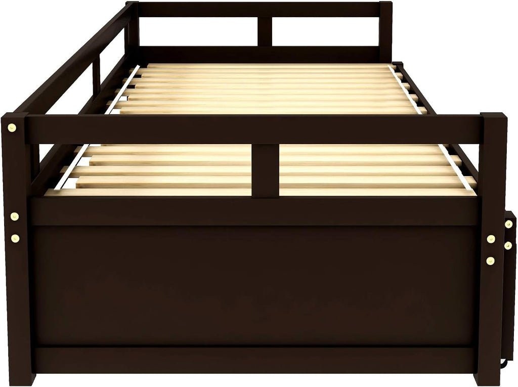 Merax Wooden Daybed Extendable Bed with Trundle, Sofa Bed for Bedroom Living Room, Can be Expanded from Twin Size to King Size (Espresso)