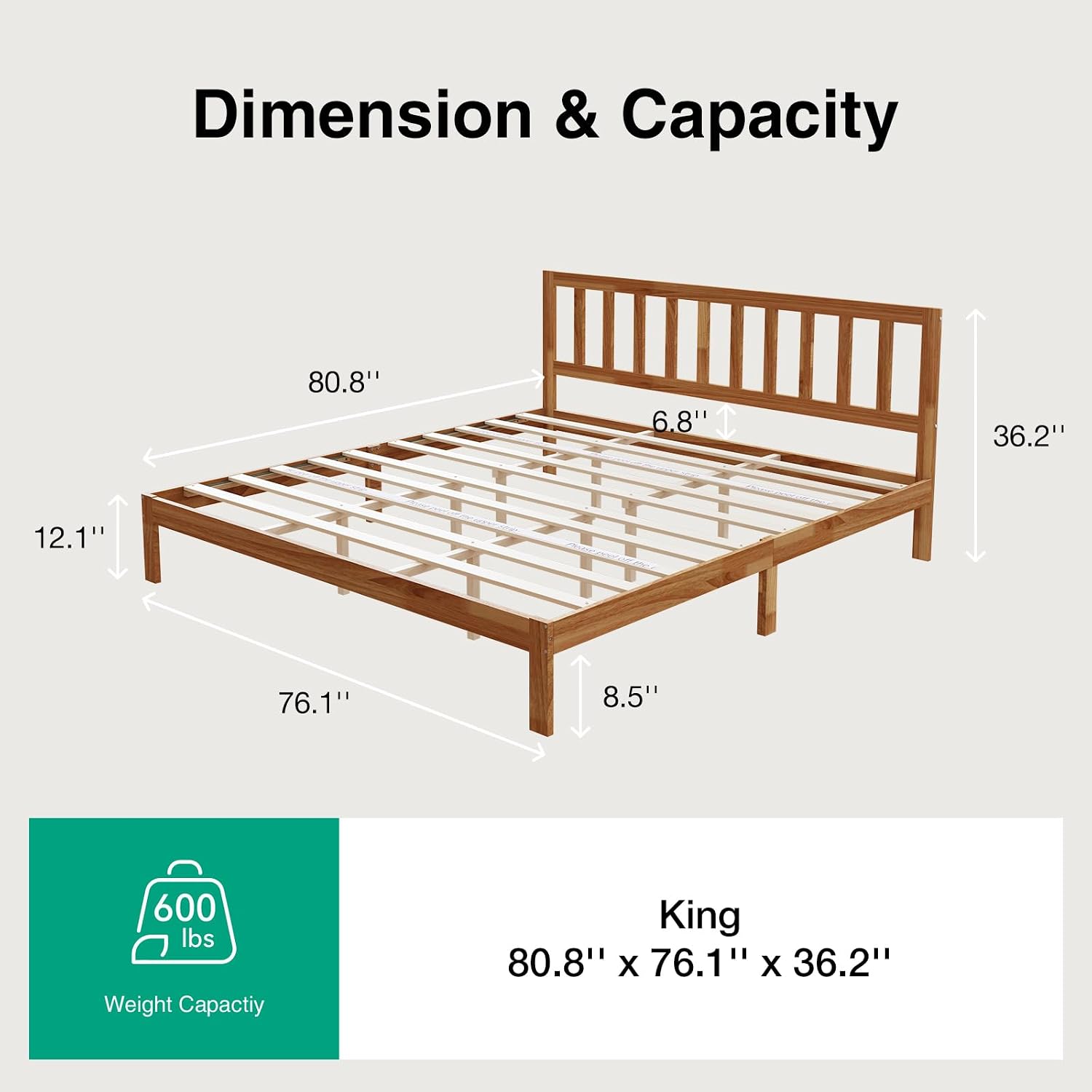 Novilla 12 Inch King Size Bed Frame Wooden King Bed Frame and Headboard, King-Size BedFrame with Headboard Natural Bed Foundation, No Box Spring Needed, Easy Assembly