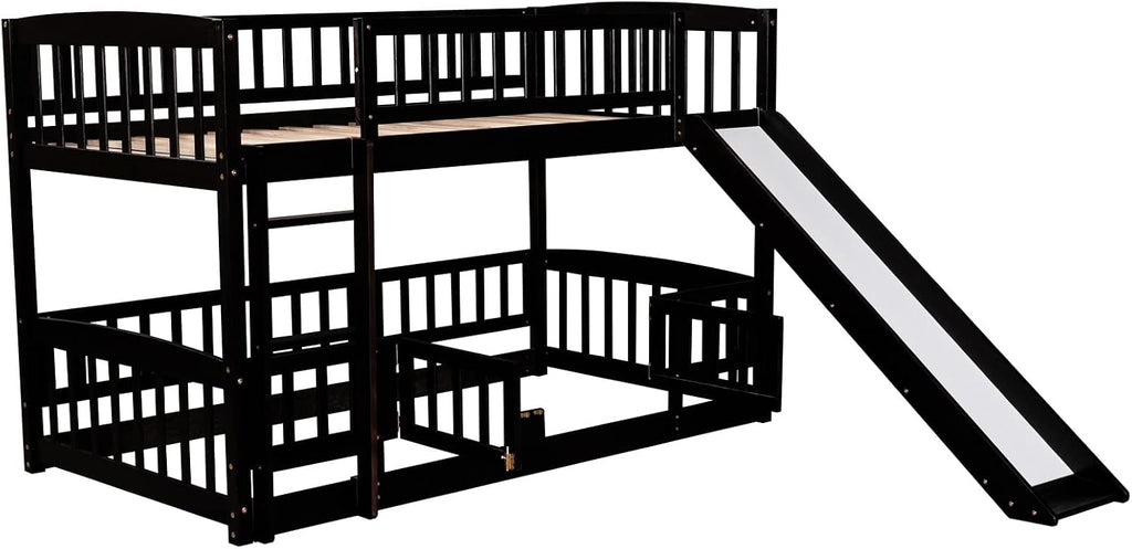 Bellemave Twin Over Twin Low Bunk Bed with Slide and Fence Railings Wood Floor Bunk Beds with Ladder for Kids Boys Girls Teens, Espresso