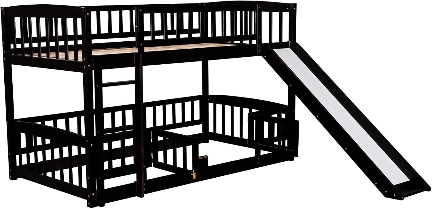 Bellemave Twin Over Twin Low Bunk Bed with Slide and Fence Railings Wood Floor Bunk Beds with Ladder for Kids Boys Girls Teens, Espresso