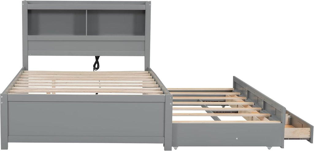 SOFTSEA Full Size Bed Frame with Storage Headboard Wood Platform Bed with Trundle and USB Plugs
