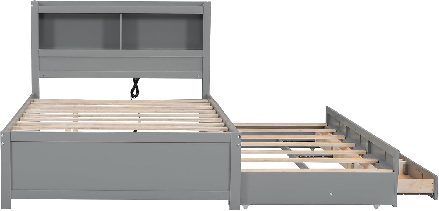 SOFTSEA Full Size Bed Frame with Storage Headboard Wood Platform Bed with Trundle and USB Plugs