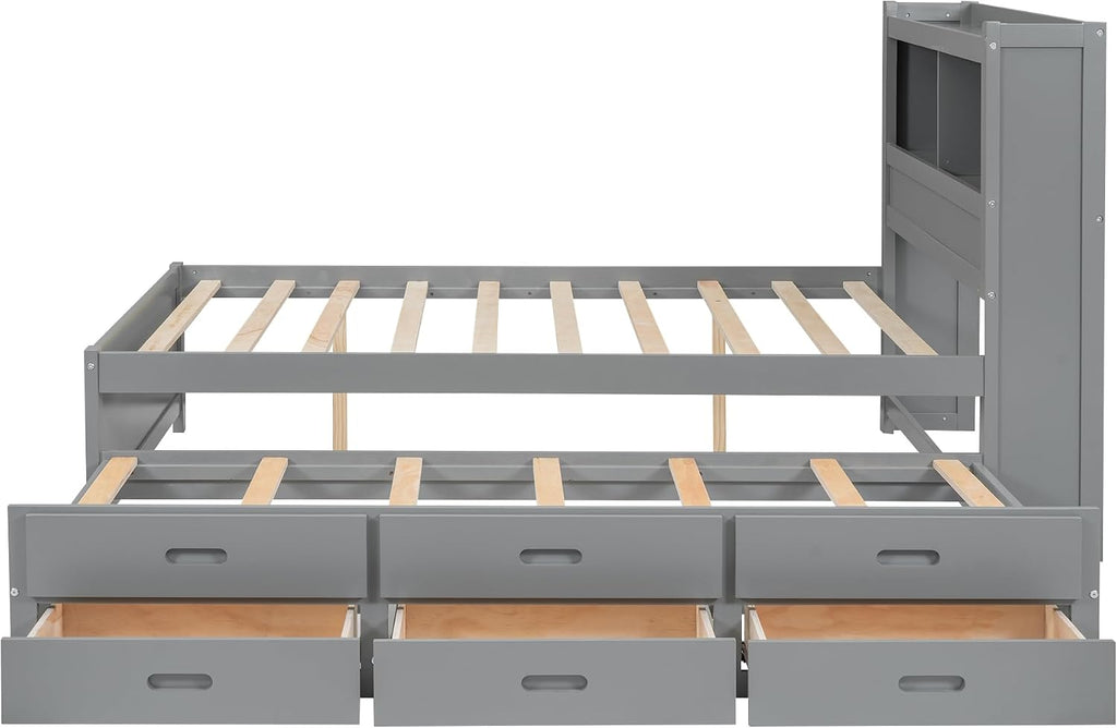 SOFTSEA Full Size Bed Frame with Storage Headboard Wood Platform Bed with Trundle and USB Plugs