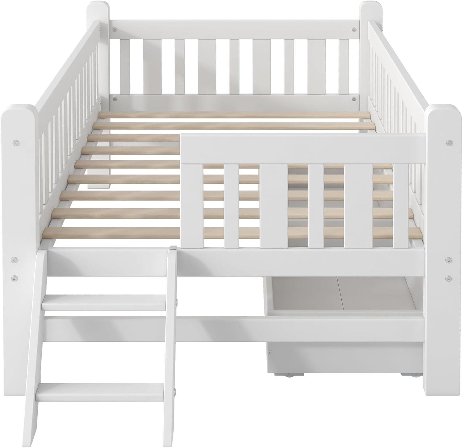 VilroCaz Twin Size Platform Bed with Guardrail and 2 Drawers, Wood Kids Platform Bed Frame with Two-Step Ladder for Boys Girls, Sturdy Slats Support (White-1.26)