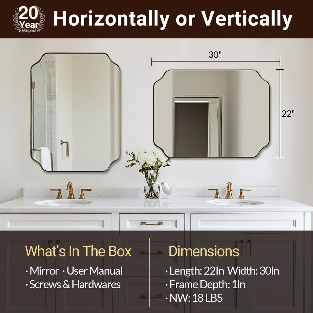 ANDY STAR Brushed Gold Mirror, 22'x30' Bathroom Vanity Mirror, Rounded Rectangle Bathroom Mirror with Rust-Proof Stainless Steel 1' Frame, Wall Mounts Horizontally or Vertically