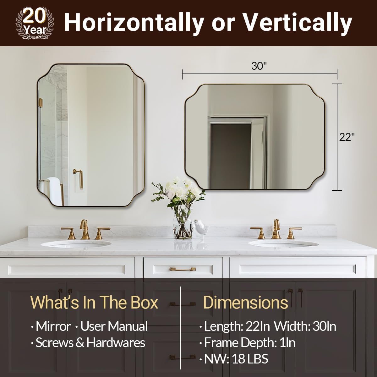 ANDY STAR Brushed Gold Mirror, 22'x30' Bathroom Vanity Mirror, Rounded Rectangle Bathroom Mirror with Rust-Proof Stainless Steel 1' Frame, Wall Mounts Horizontally or Vertically