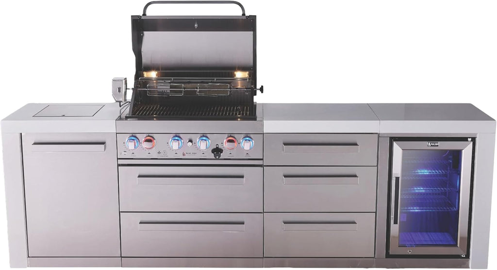 Mont Alpi 107'W x 23'D x 46'H Deluxe Stainless Steel Outdoor Kitchen Island with Refrigerator + 32'W 4-Burner BBQ Grill + Granite Countertops & Sides + Storage + Chopping Board + Rotisserie + Cover