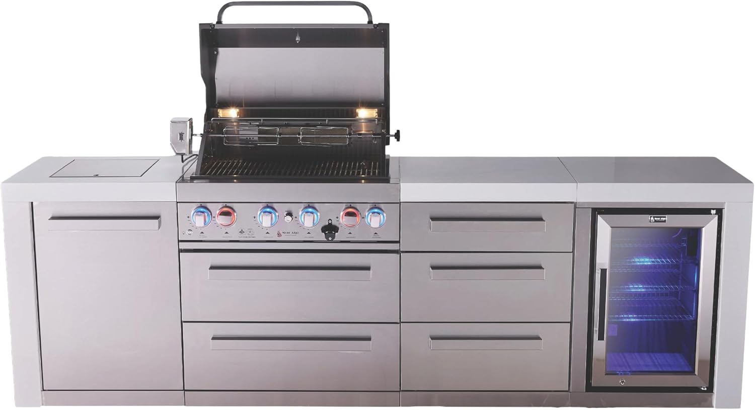 Mont Alpi 107'W x 23'D x 46'H Deluxe Stainless Steel Outdoor Kitchen Island with Refrigerator + 32'W 4-Burner BBQ Grill + Granite Countertops & Sides + Storage + Chopping Board + Rotisserie + Cover