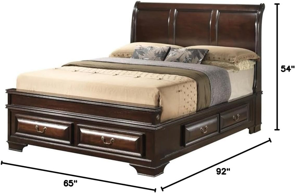 MAKLAINE Transitional Wood Queen Storage Bed, Cappuccino Finish, Solid Wood Veneers, 6 Drawers with Dovetail Joints, Sleigh Headboard, No Box Spring Required, Bedroom Furniture, 54' H x 65' W x 92' D