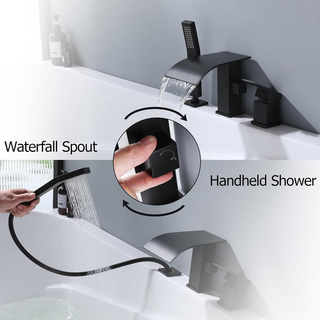 Waterfall Roman Tub Faucet with Hand Shower, Deck Mount Tub Filler Bathtub Faucet with Sprayer, Single Handle Bathtub Faucet Set, Brass Widespread 3 Hole Bathtub Shower Faucet Set Matte Black