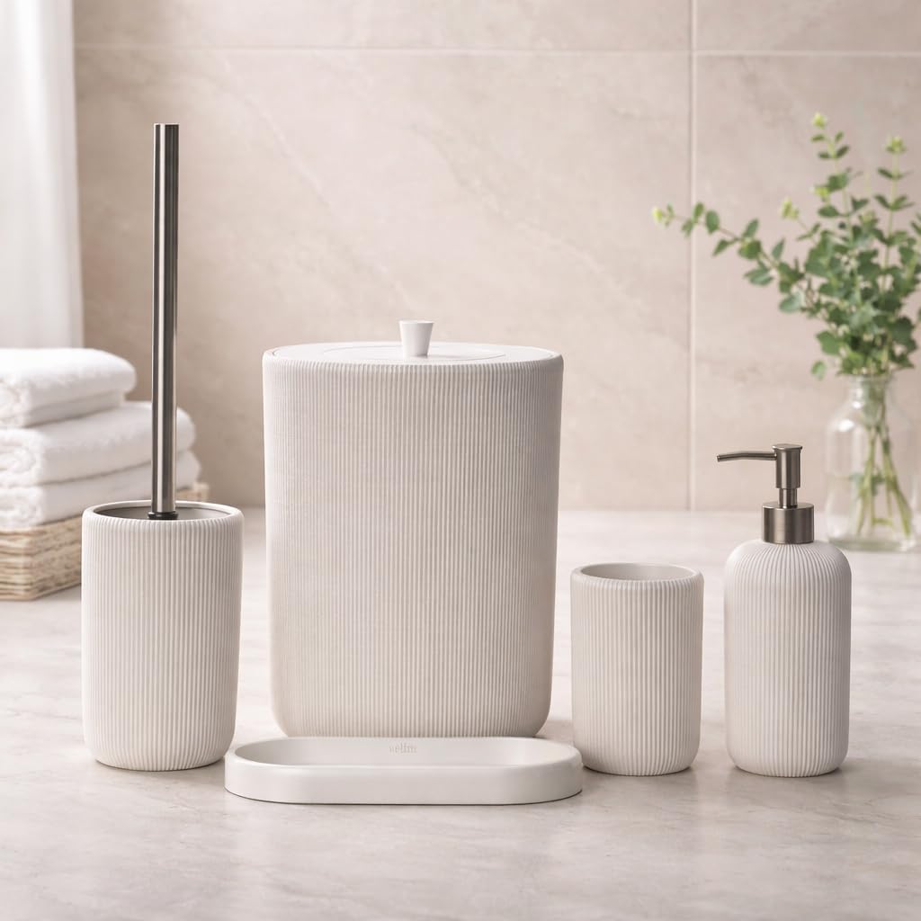Lydia Collection 5-Piece Resin Bathroom Accessories Set – Toilet Brush Holder, Waste Bin, Soap Dispenser, Tray & Toothbrush Holder (Pearl)