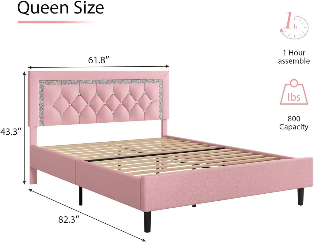 BarnFurin Queen Bed Frame with Tufted Button Headboard, Upholstered Platform Bed Frame with Diamond Design, Wood Slat Support, No Box Spring Needed, Easy Assembly, Pink