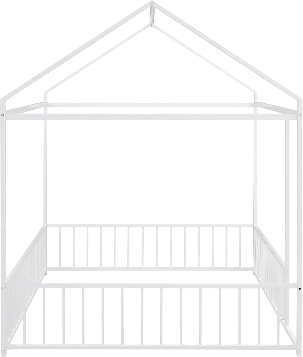 Bellemave Full Floor Bed Frame, Metal Montessori Floor Bed Full with Fence for Boys Girls Bedroom Playhouse for Kids No Slat, Easy Assembly House Shaped Floor Beds White