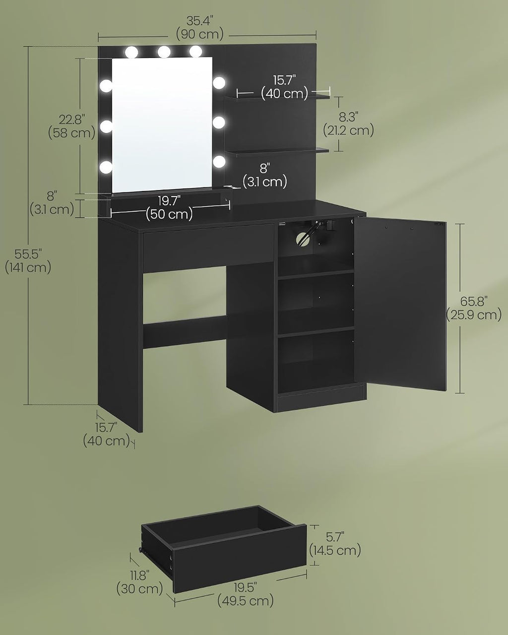 VASAGLE Kailyn Collection - Vanity Desk with Power Outlets and LED Lights, 35.4-Inch Wide Makeup Table with Mirror, Drawer and Cabinet, for Bedroom, Ink Black URDT128C01S