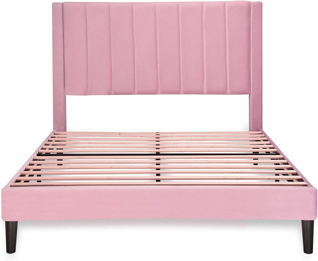 Allewie Full Platform Bed Frame/Velvet Upholstered Bed Frame with Vertical Channel Tufted Headboard/Strong Wooden Slats/Mattress Foundation/Box Spring Optional/Easy Assembly/Pink