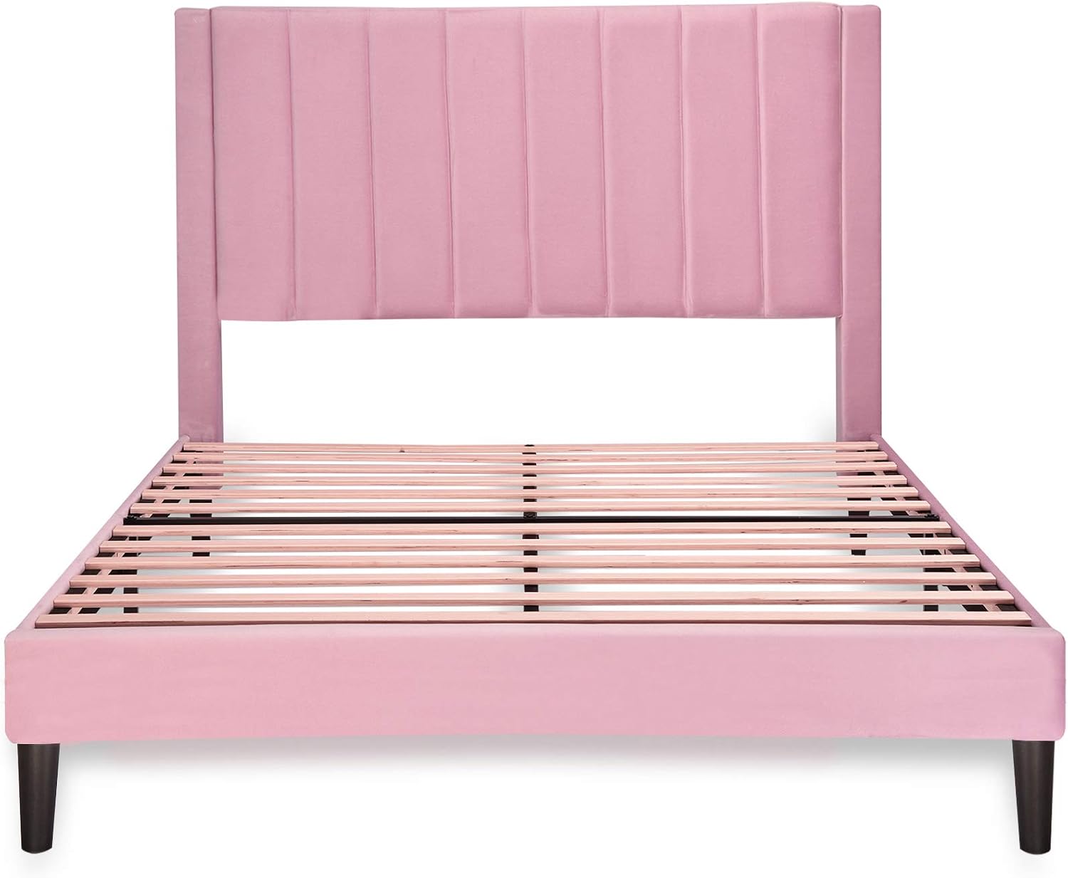 Allewie Full Platform Bed Frame/Velvet Upholstered Bed Frame with Vertical Channel Tufted Headboard/Strong Wooden Slats/Mattress Foundation/Box Spring Optional/Easy Assembly/Pink