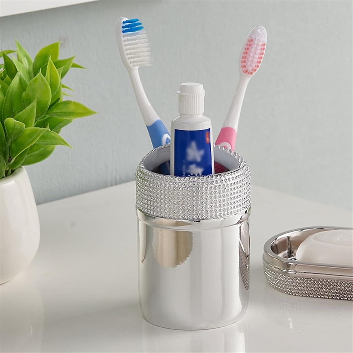 Soap Dispenser Gold Bathroom Accessories Set 6 Piece Resin Bath Accessory Sets Complete Soap Dispenser Toothbrush Holders Tumbler Soap Dish and Ceramic Tray Liquid Dispenser for Bathroom(Silver)