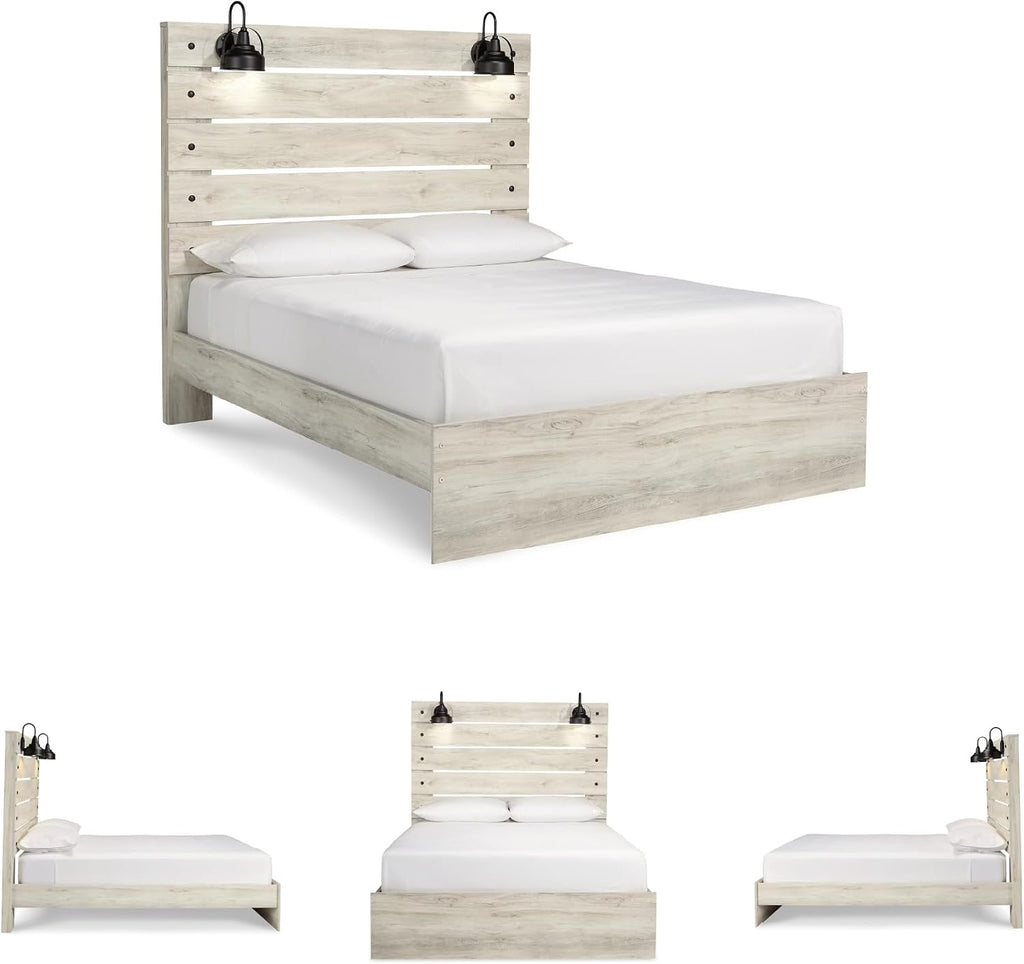 Signature Design by Ashley Cambeck Farmhouse Queen Panel Bed with LED Sconce Lights and USB Charging Ports, Open Slat Styling, Foundation or Box Spring Needed, Wood, Whitewash Finish