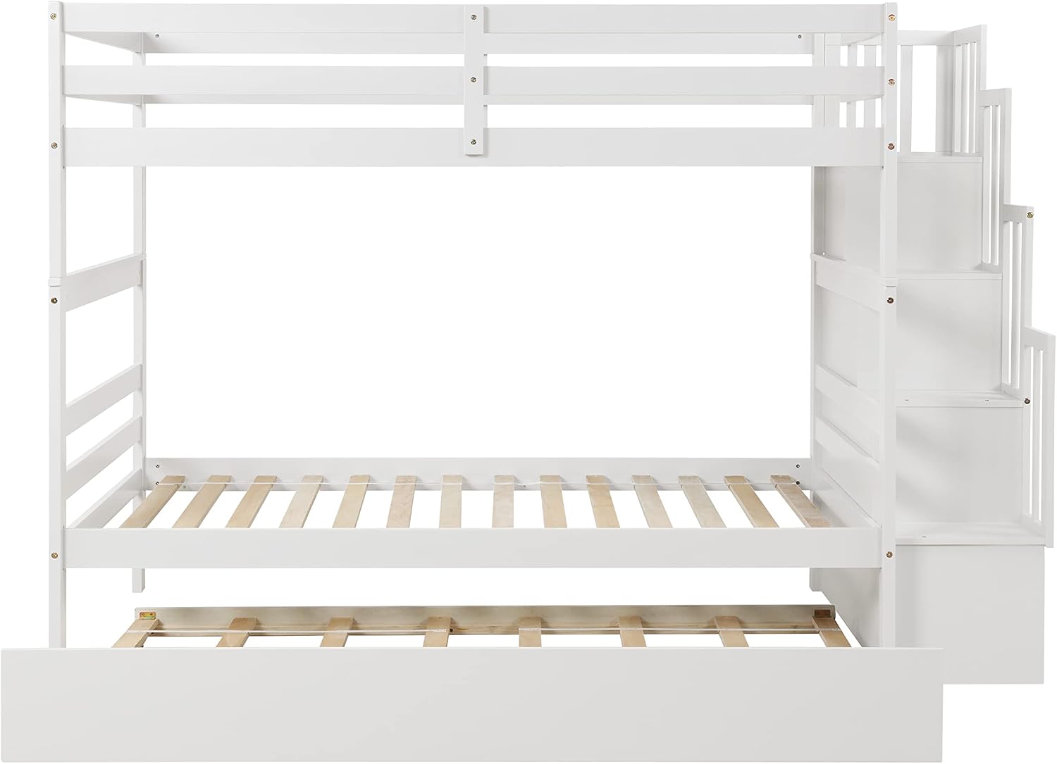 Ball & Cast Twin Over Twin Bunk Beds with Trundle,Wood Bedframe W/Safty Guardrail & Stairway Storage,No Box Spring Needed,Easy Assembly,Multiple Functional Bedroom Furniture for Boy Girl Teens,White