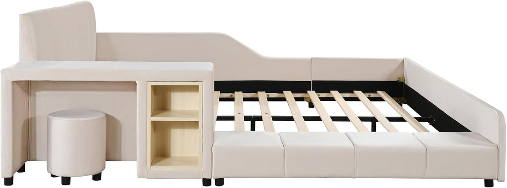 Merax Queens Size Velvet Bed Frames Upholstered Grounded Bed, Wooden Mother & Child Bed with Bedside Desk and Little Round Stool,Kids Adults Bedroom Floor Platform Bed,Beige