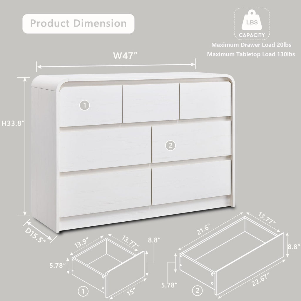 Aitjunz Modern 7 Drawers Dresser for Bedroom, 47' Wide Wood Dressers & Chests of Drawers w/Curved Profile Design, Mid Century Modern Dresser w/Natural Texture for Bedroom, Living Room,Antique White
