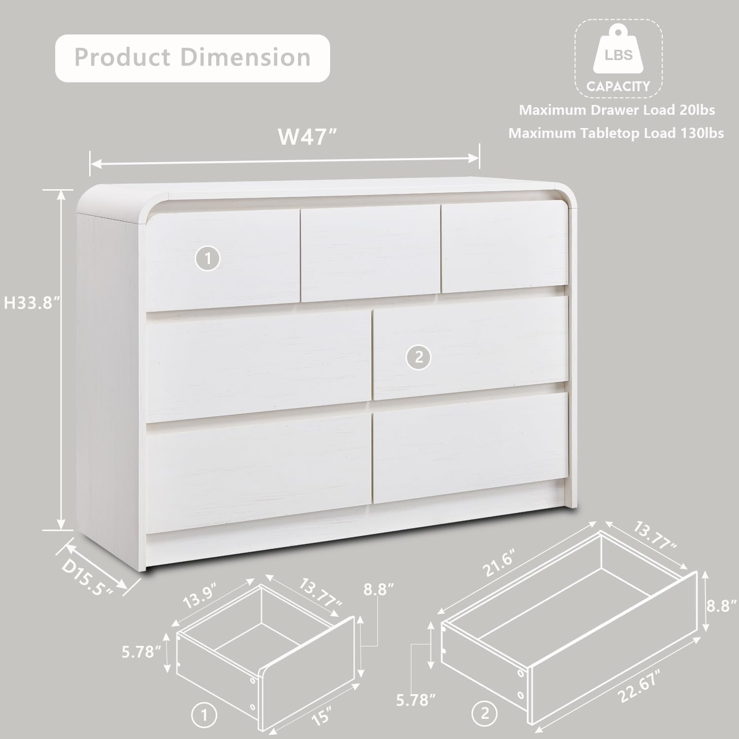Aitjunz Modern 7 Drawers Dresser for Bedroom, 47' Wide Wood Dressers & Chests of Drawers w/Curved Profile Design, Mid Century Modern Dresser w/Natural Texture for Bedroom, Living Room,Antique White